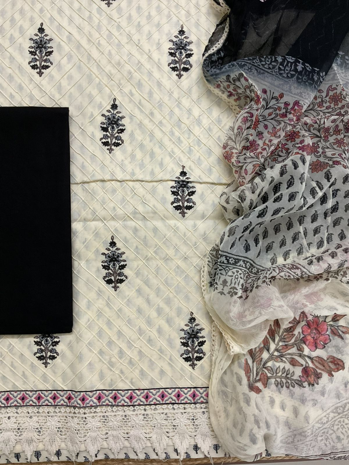 Pure Cotton Printed Embroidered Suit - Cream