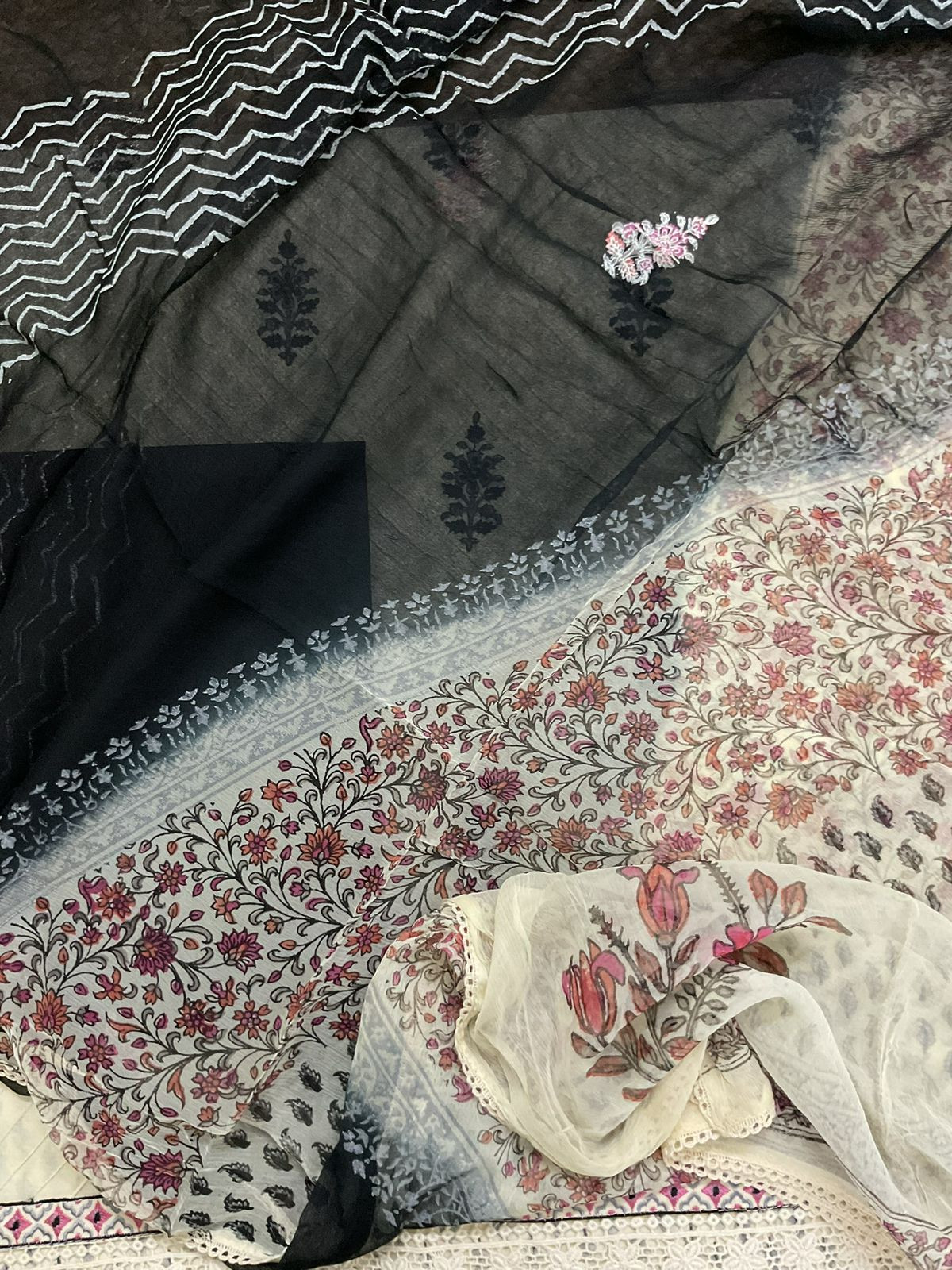 Pure Cotton Printed Embroidered Suit - Cream