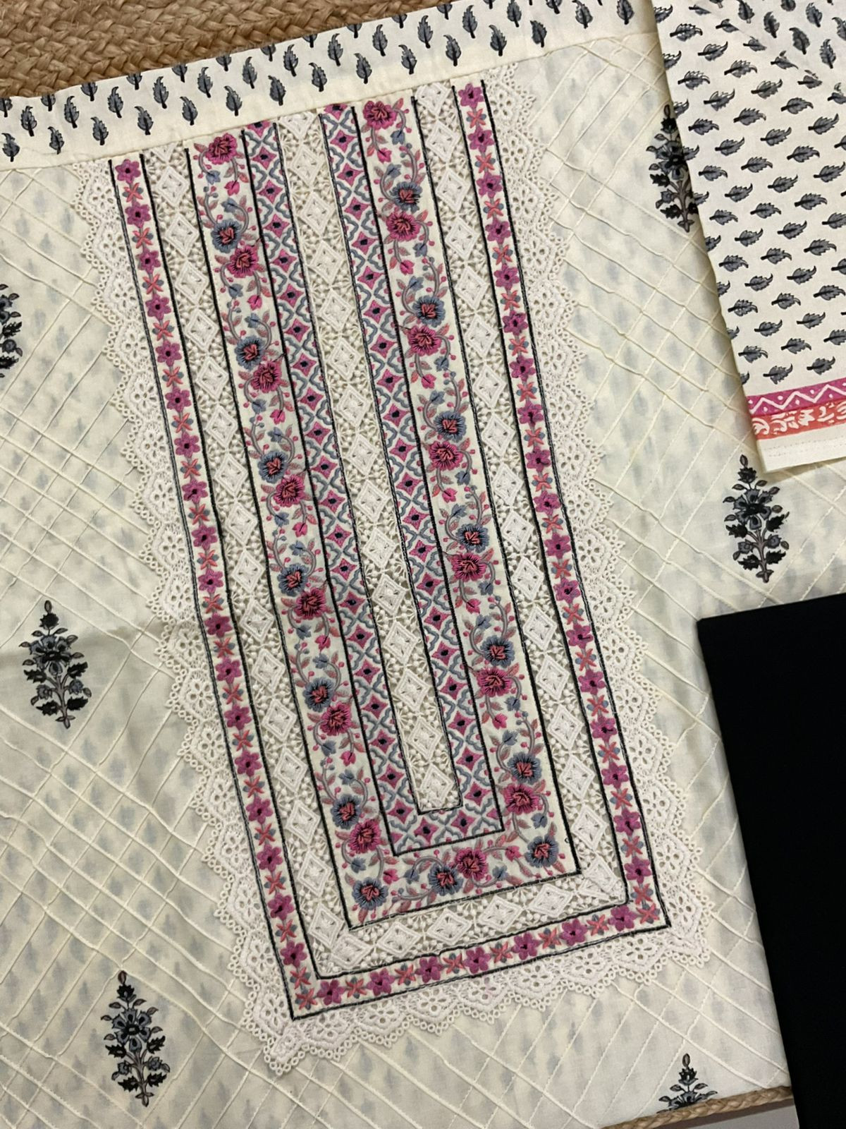 Pure Cotton Printed Embroidered Suit - Cream