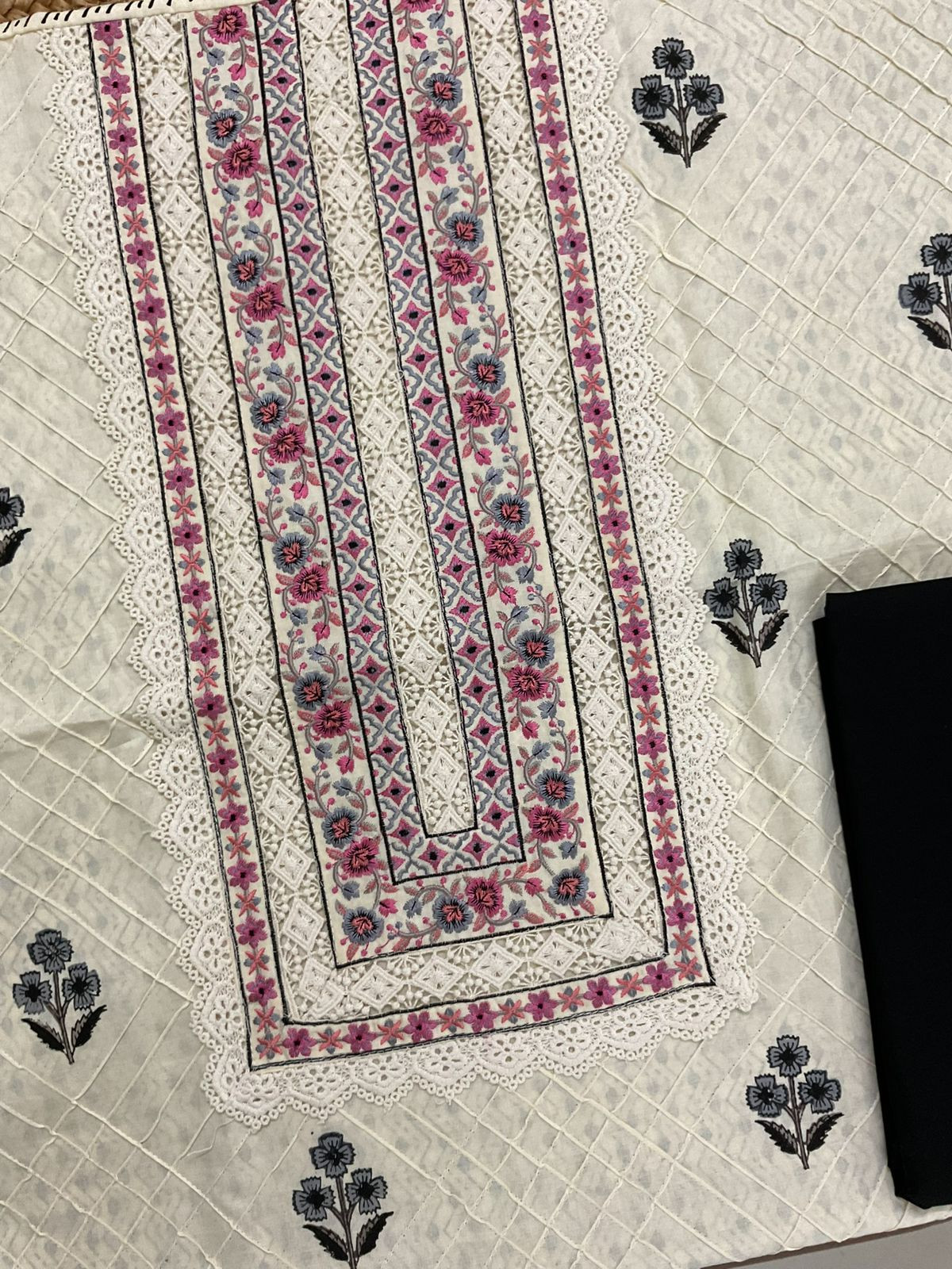 Pure Cotton Printed Embroidered Suit - Cream