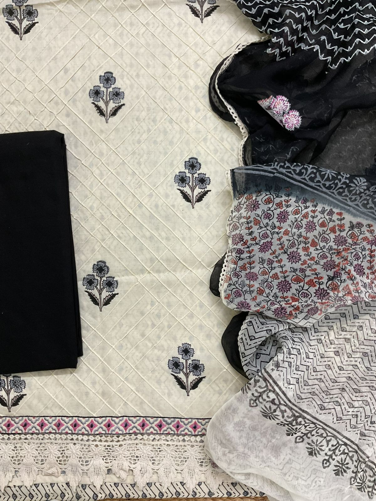 Pure Cotton Printed Embroidered Suit - Cream