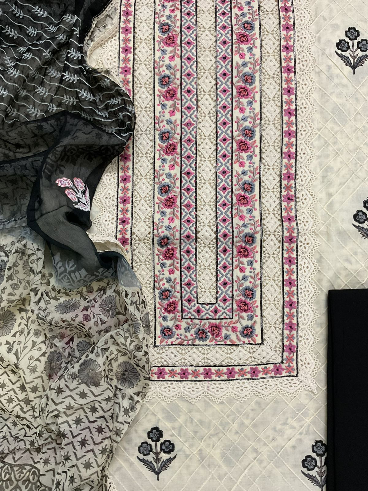 Pure Cotton Printed Embroidered Suit - Cream