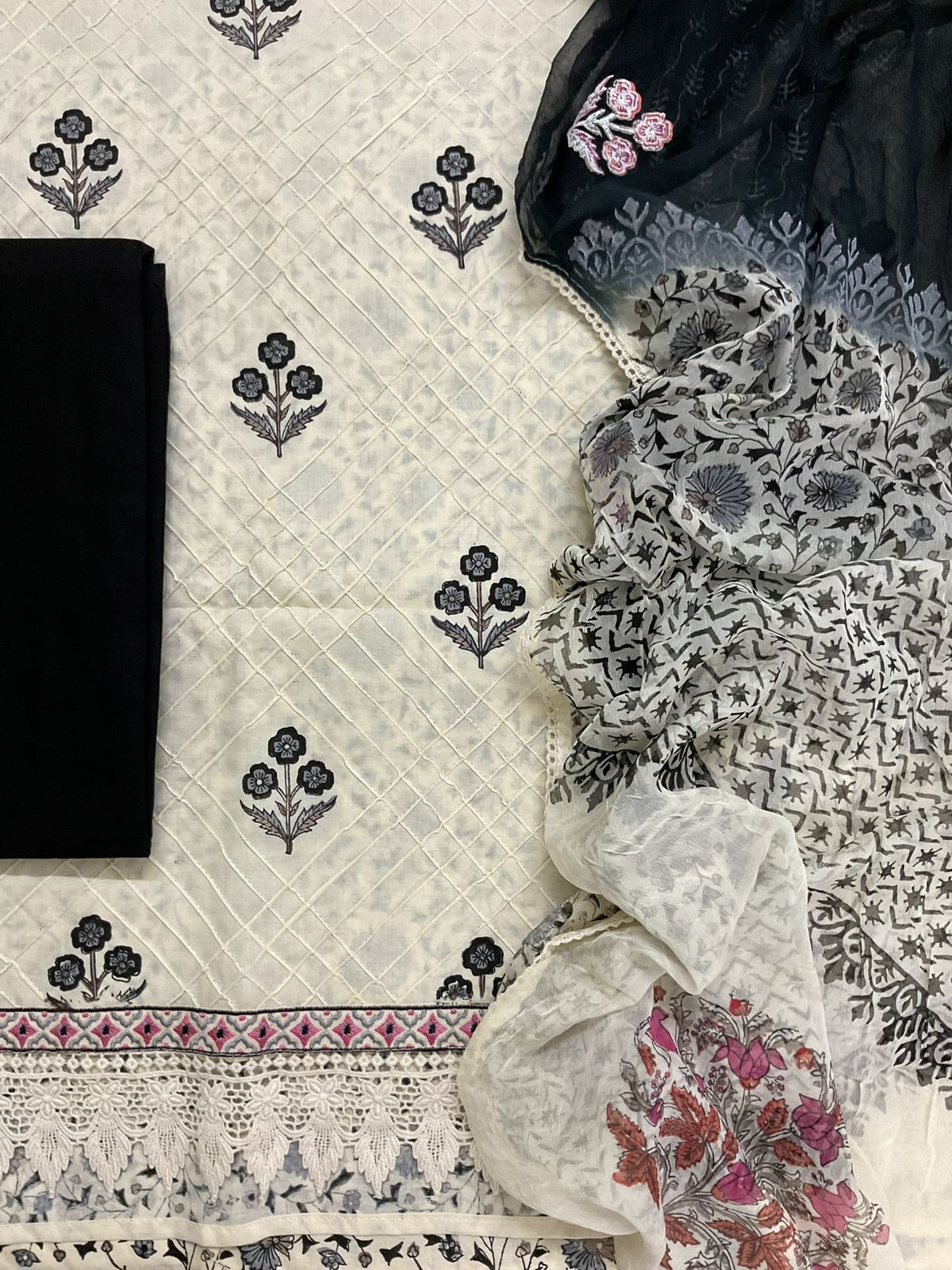 Pure Cotton Printed Embroidered Suit - Cream