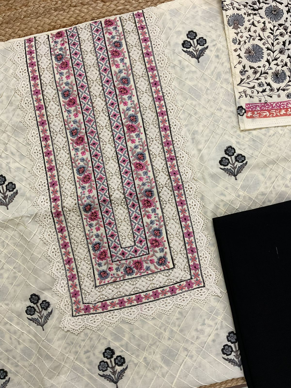 Pure Cotton Printed Embroidered Suit - Cream