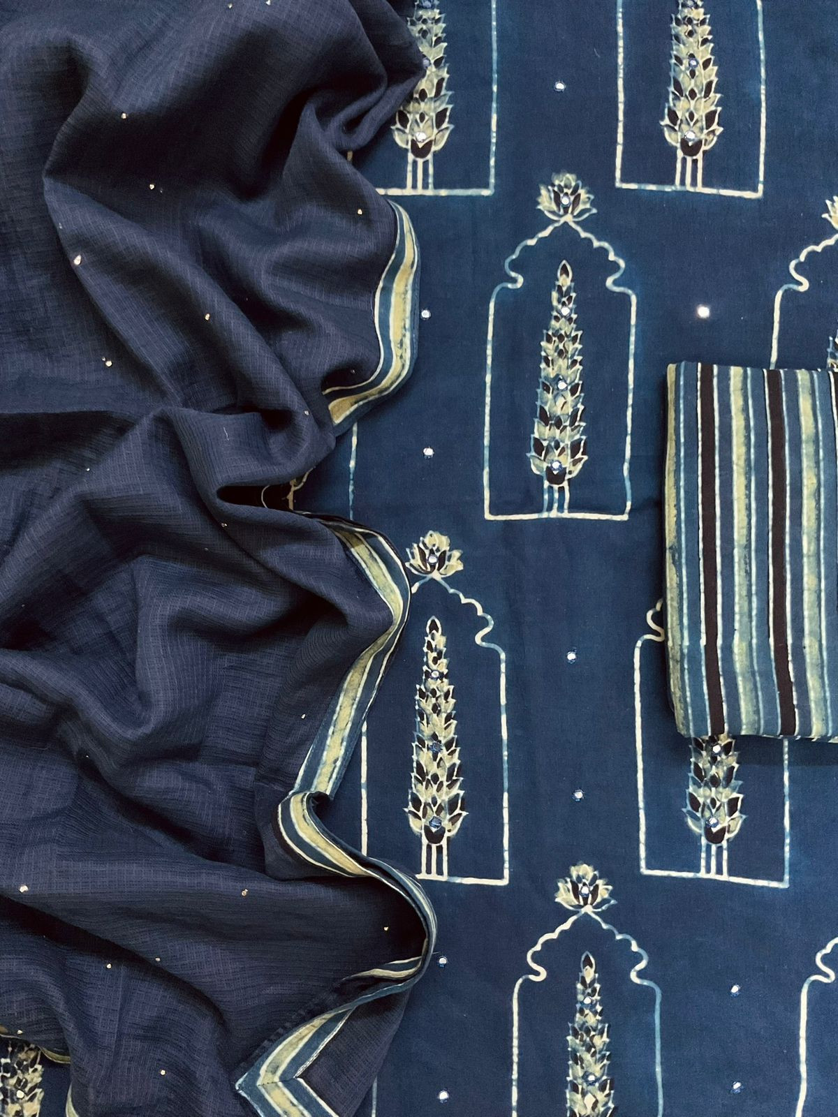 Pure Fine Cotton Ajrakh Printed Embroidered Suit - Blue