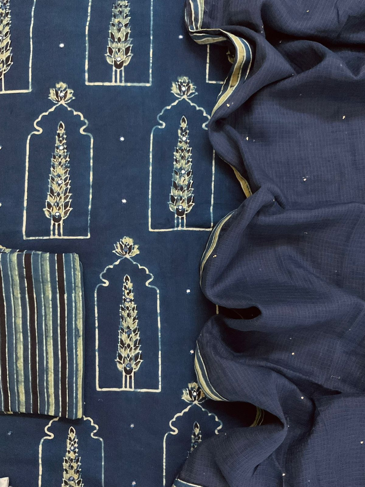 Pure Fine Cotton Ajrakh Printed Embroidered Suit - Blue