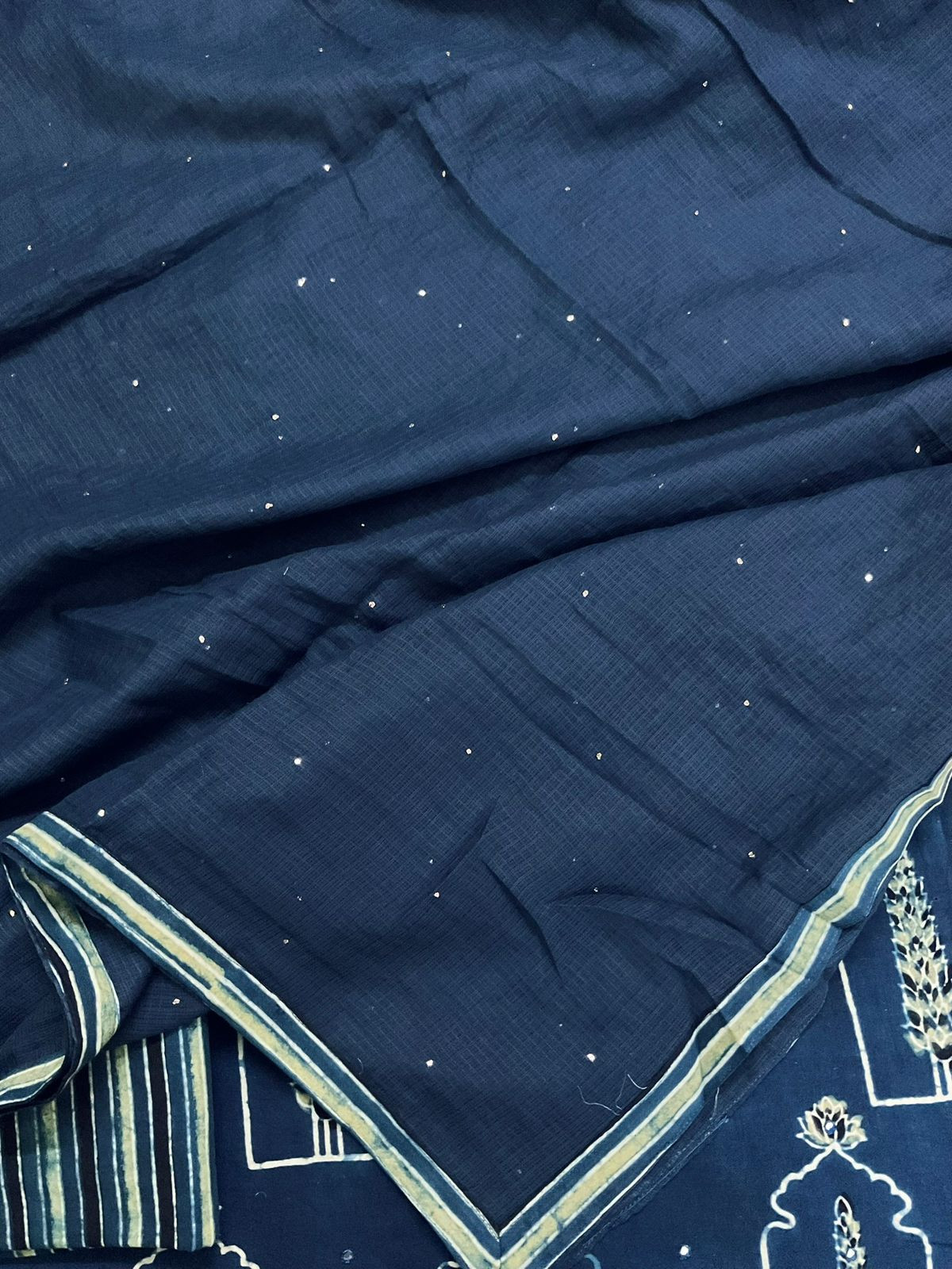 Pure Fine Cotton Ajrakh Printed Embroidered Suit - Blue