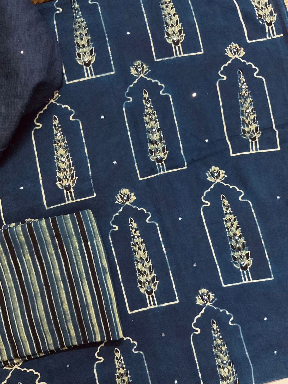 Pure Fine Cotton Ajrakh Printed Embroidered Suit - Blue