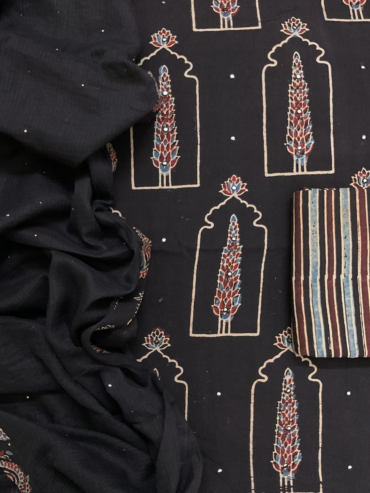 Pure Fine Cotton Ajrakh Printed Embroidered Suit - Black