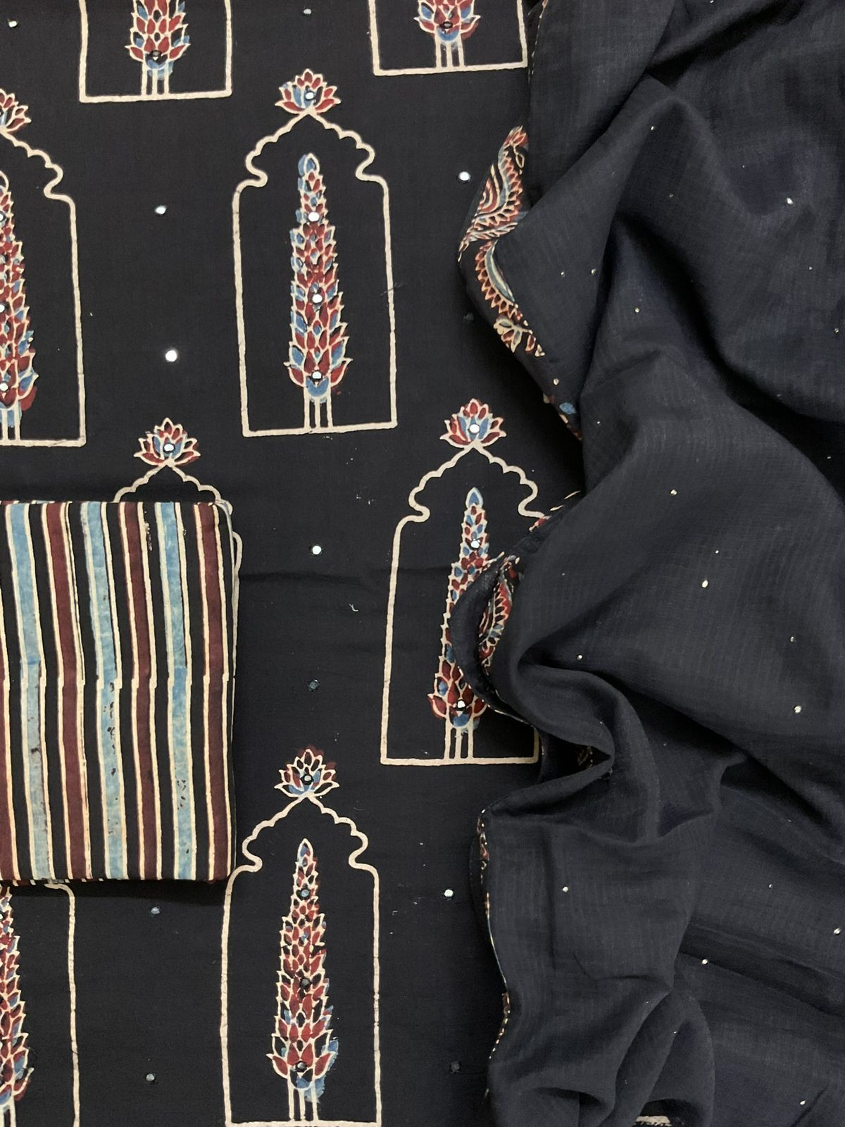 Pure Fine Cotton Ajrakh Printed Embroidered Suit - Black