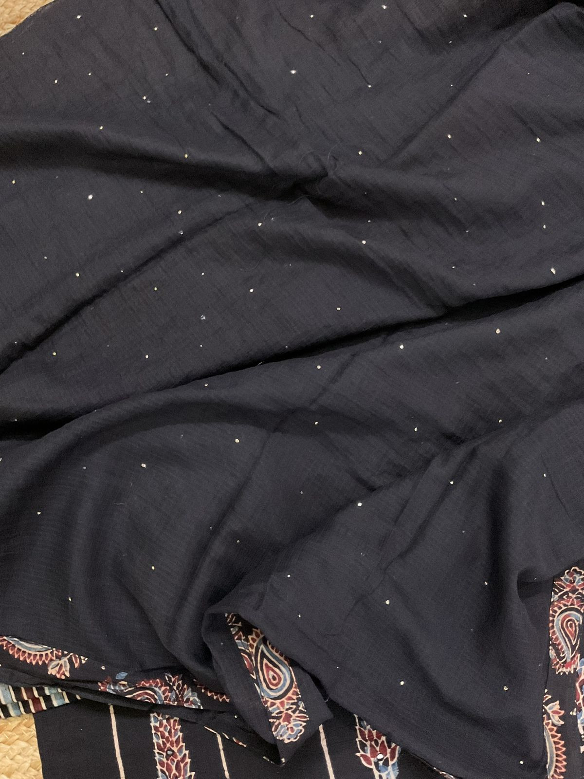 Pure Fine Cotton Ajrakh Printed Embroidered Suit - Black