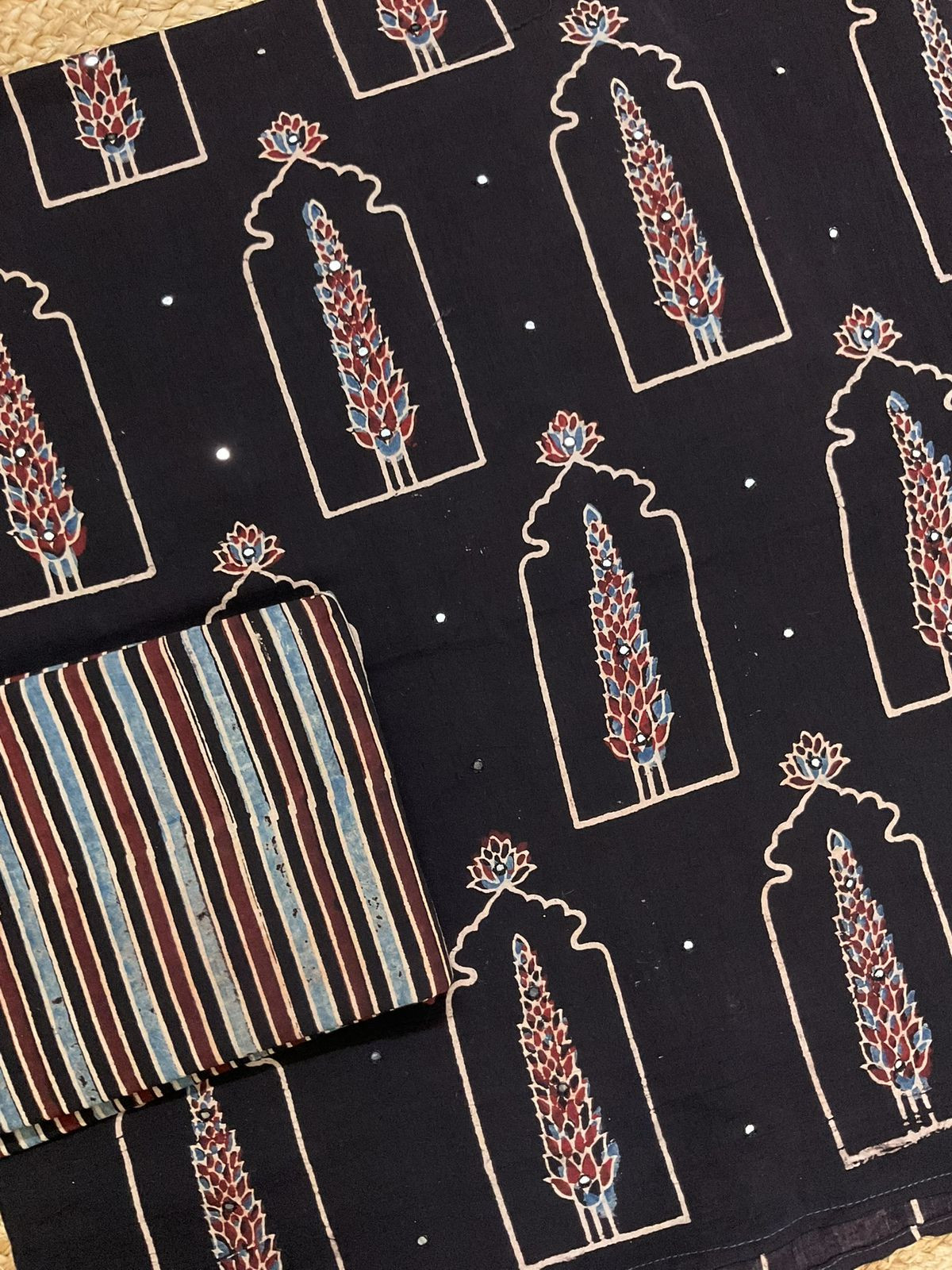 Pure Fine Cotton Ajrakh Printed Embroidered Suit - Black