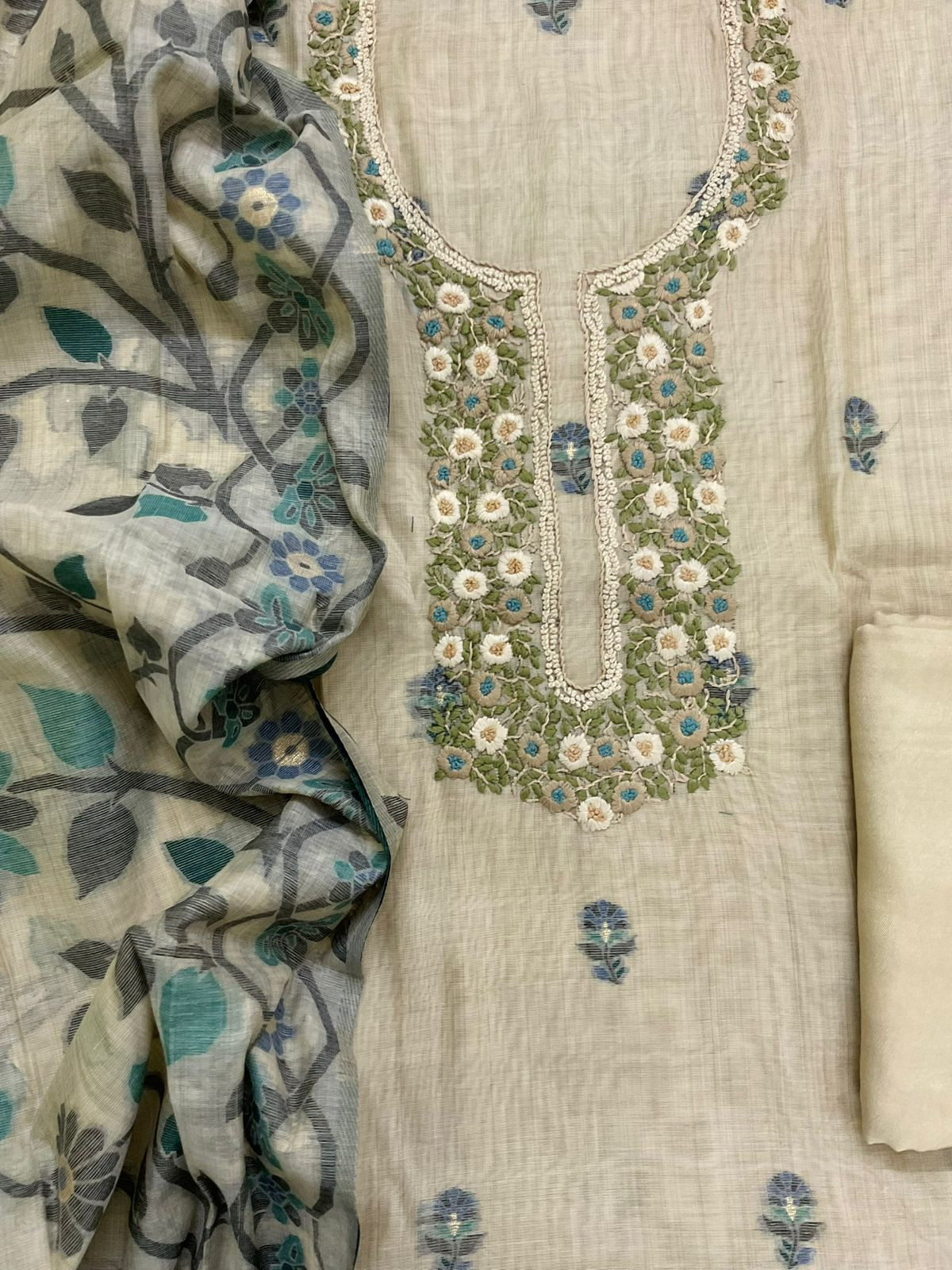 Soft Slub Chanderi Printed Jamdani Weaved Embroidered Suit - Beige