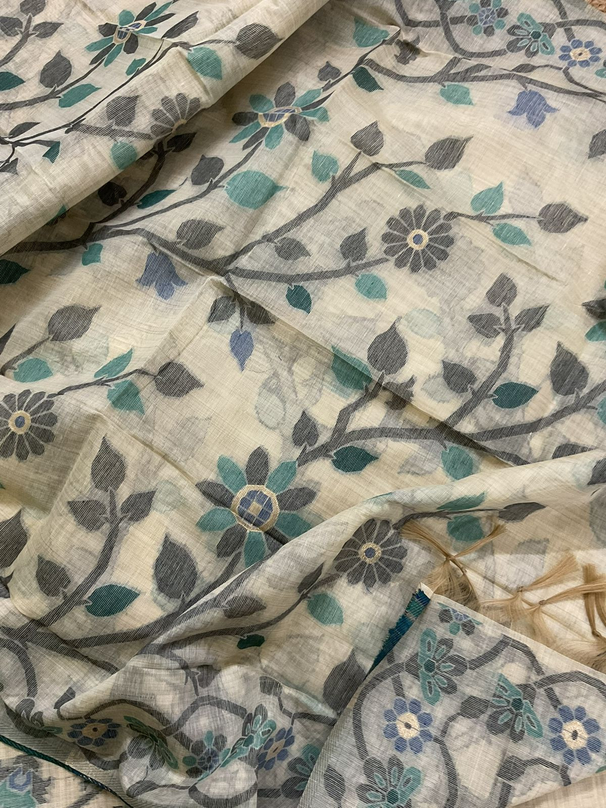 Soft Slub Chanderi Printed Jamdani Weaved Embroidered Suit - Beige