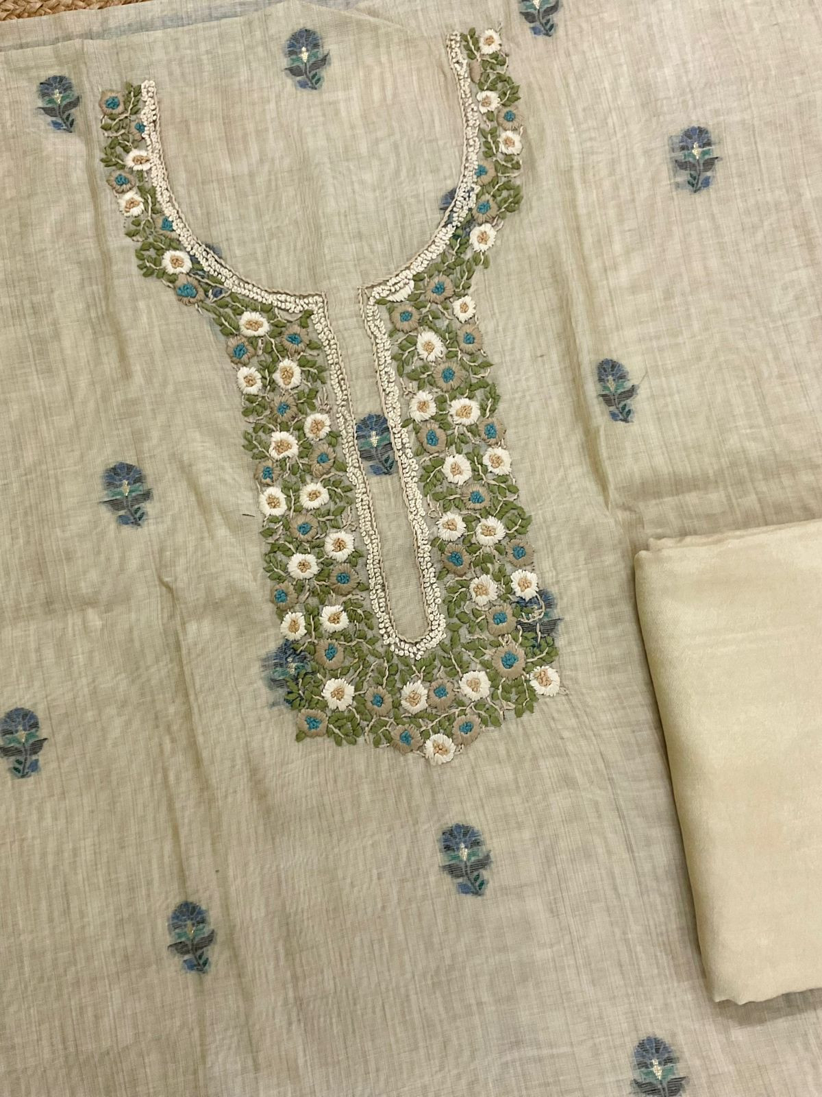Soft Slub Chanderi Printed Jamdani Weaved Embroidered Suit - Beige