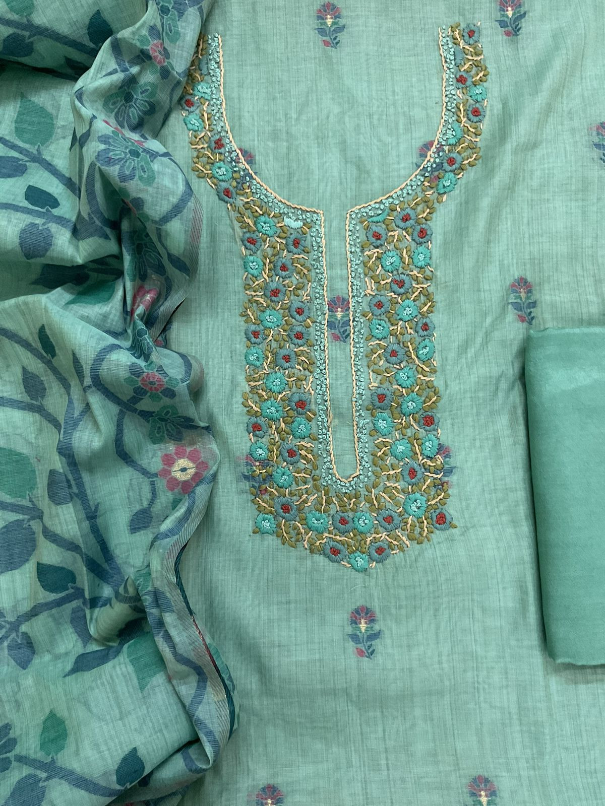 Soft Slub Chanderi Printed Jamdani Weaved Embroidered Suit - Blue