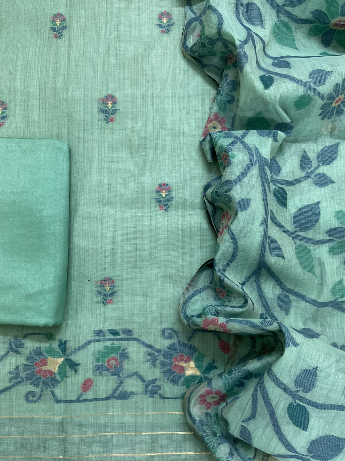 Soft Slub Chanderi Printed Jamdani Weaved Embroidered Suit - Blue