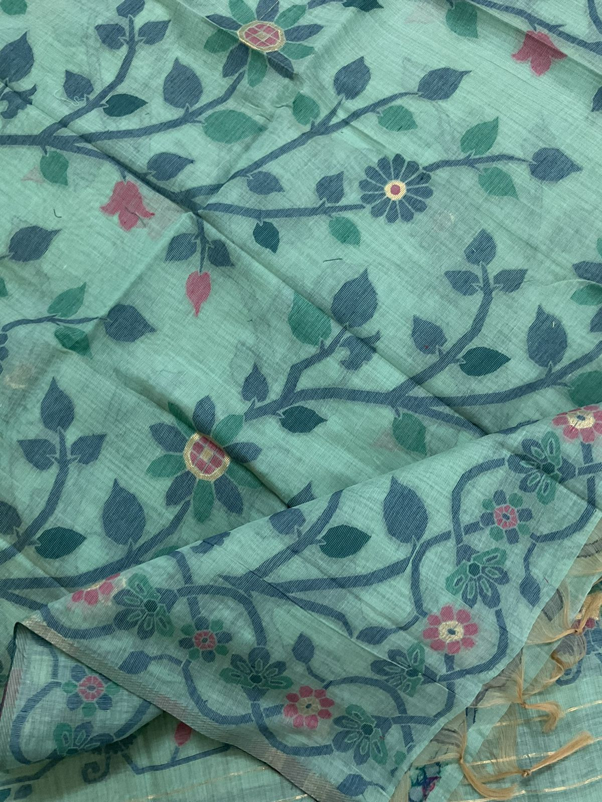 Soft Slub Chanderi Printed Jamdani Weaved Embroidered Suit - Blue