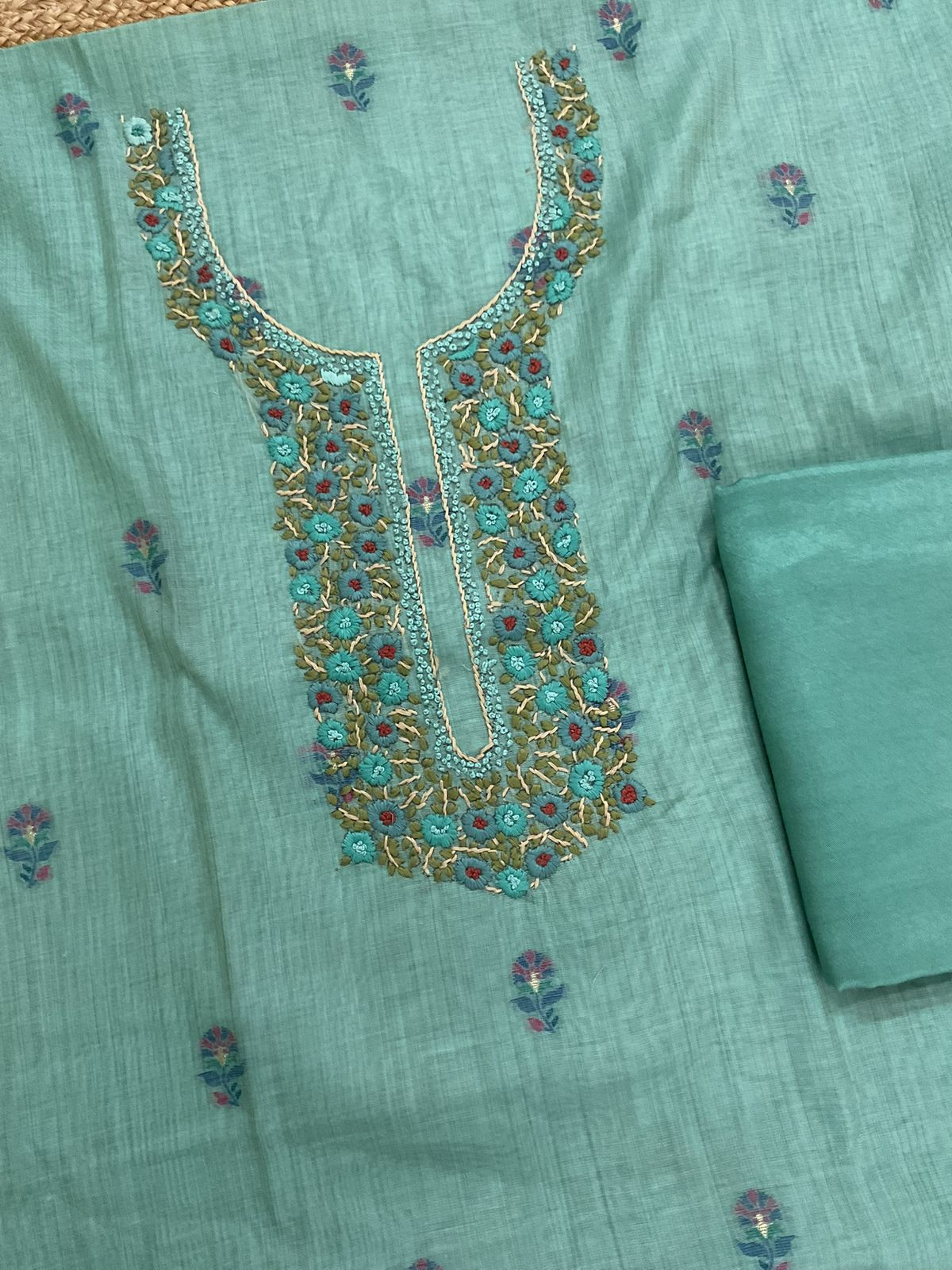 Soft Slub Chanderi Printed Jamdani Weaved Embroidered Suit - Blue