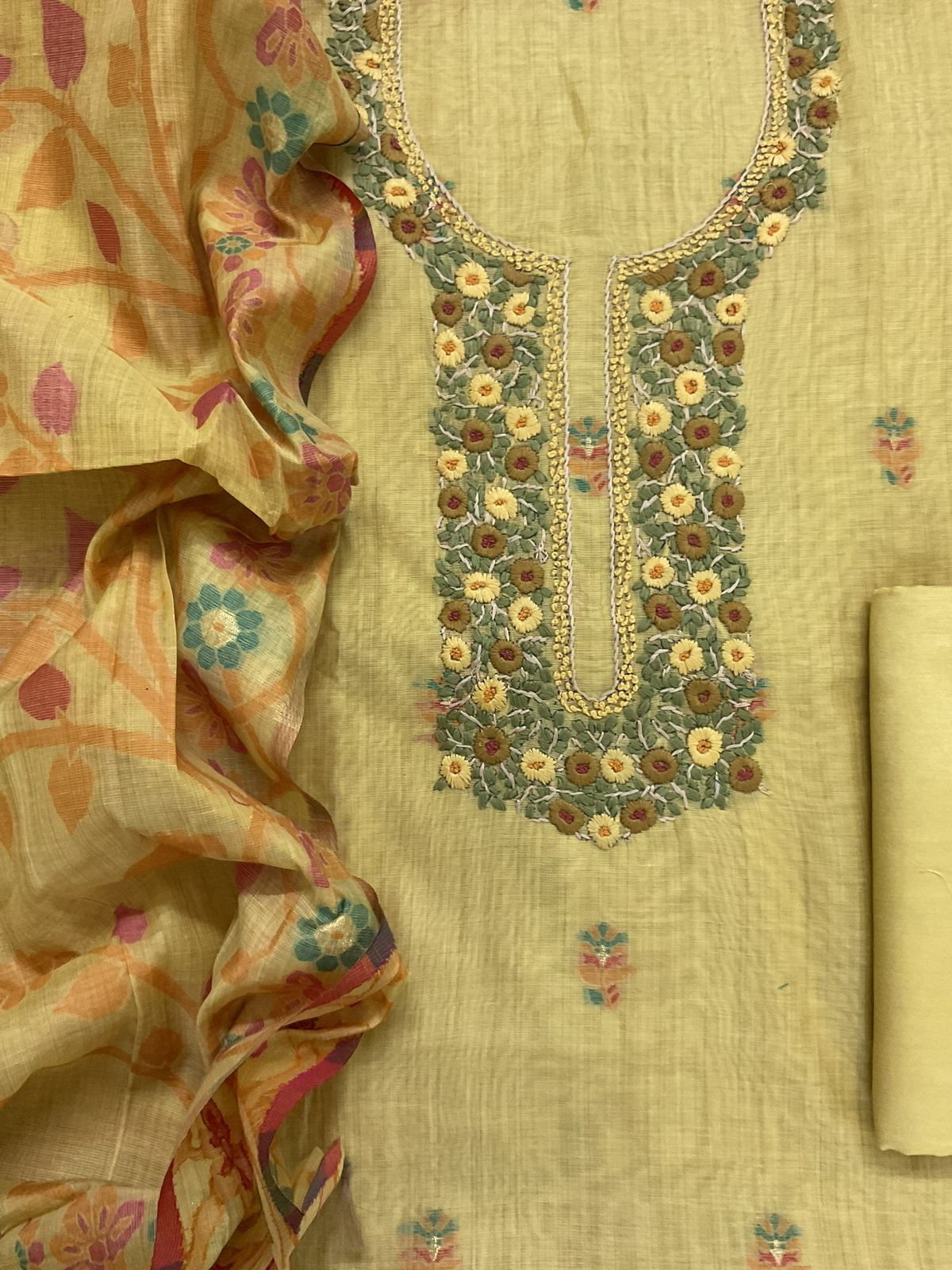 Soft Slub Chanderi Printed Jamdani Weaved Embroidered Suit - Yellow