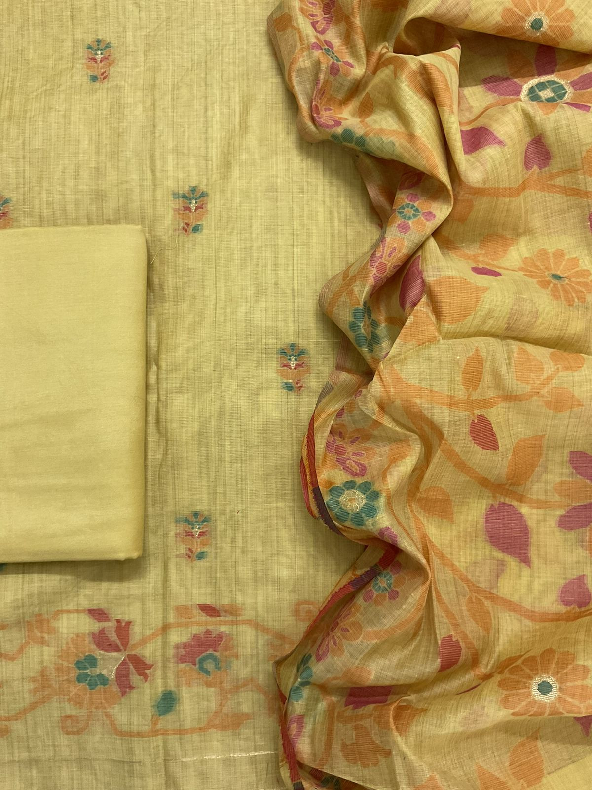 Soft Slub Chanderi Printed Jamdani Weaved Embroidered Suit - Yellow