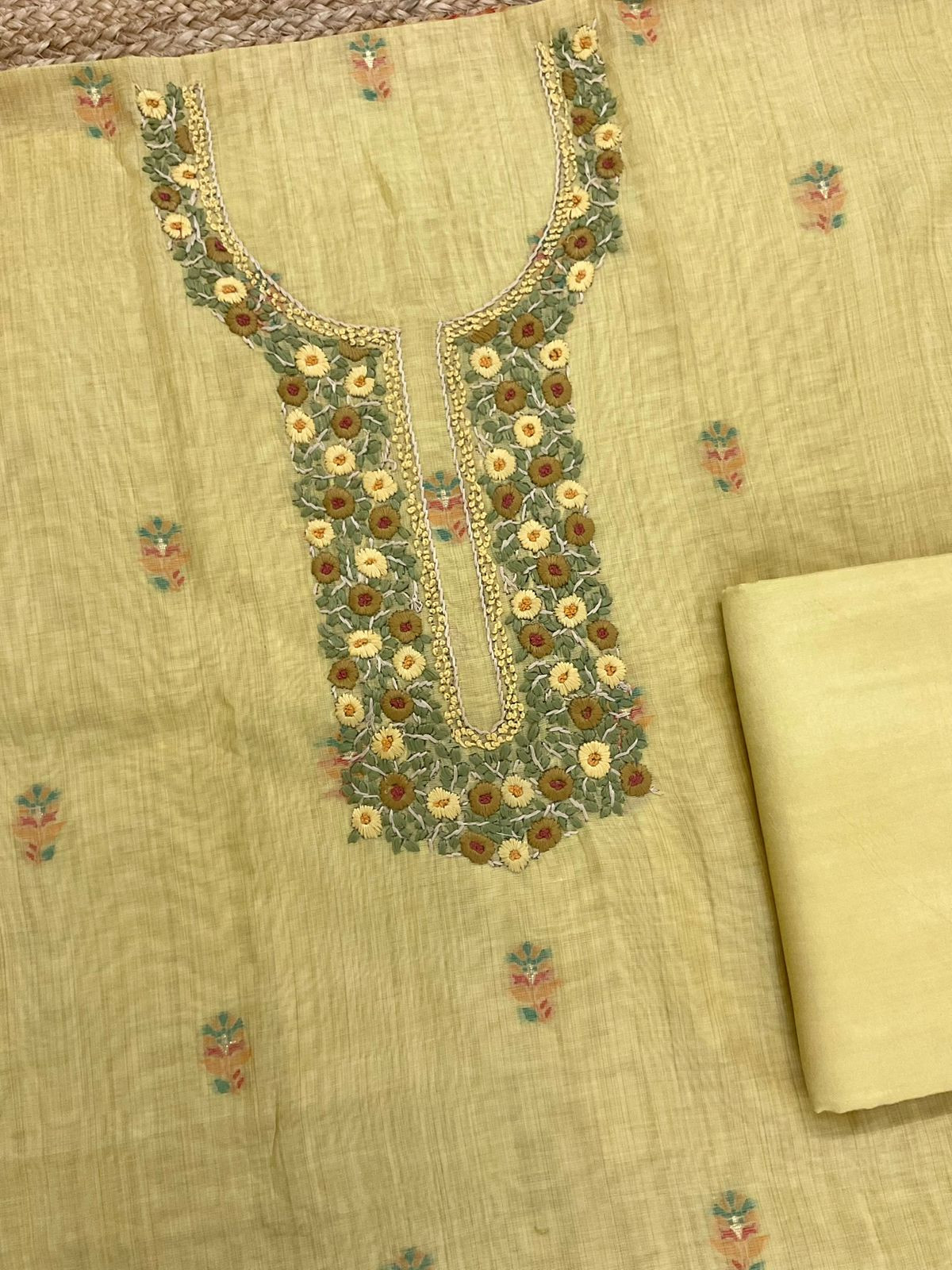Soft Slub Chanderi Printed Jamdani Weaved Embroidered Suit - Yellow