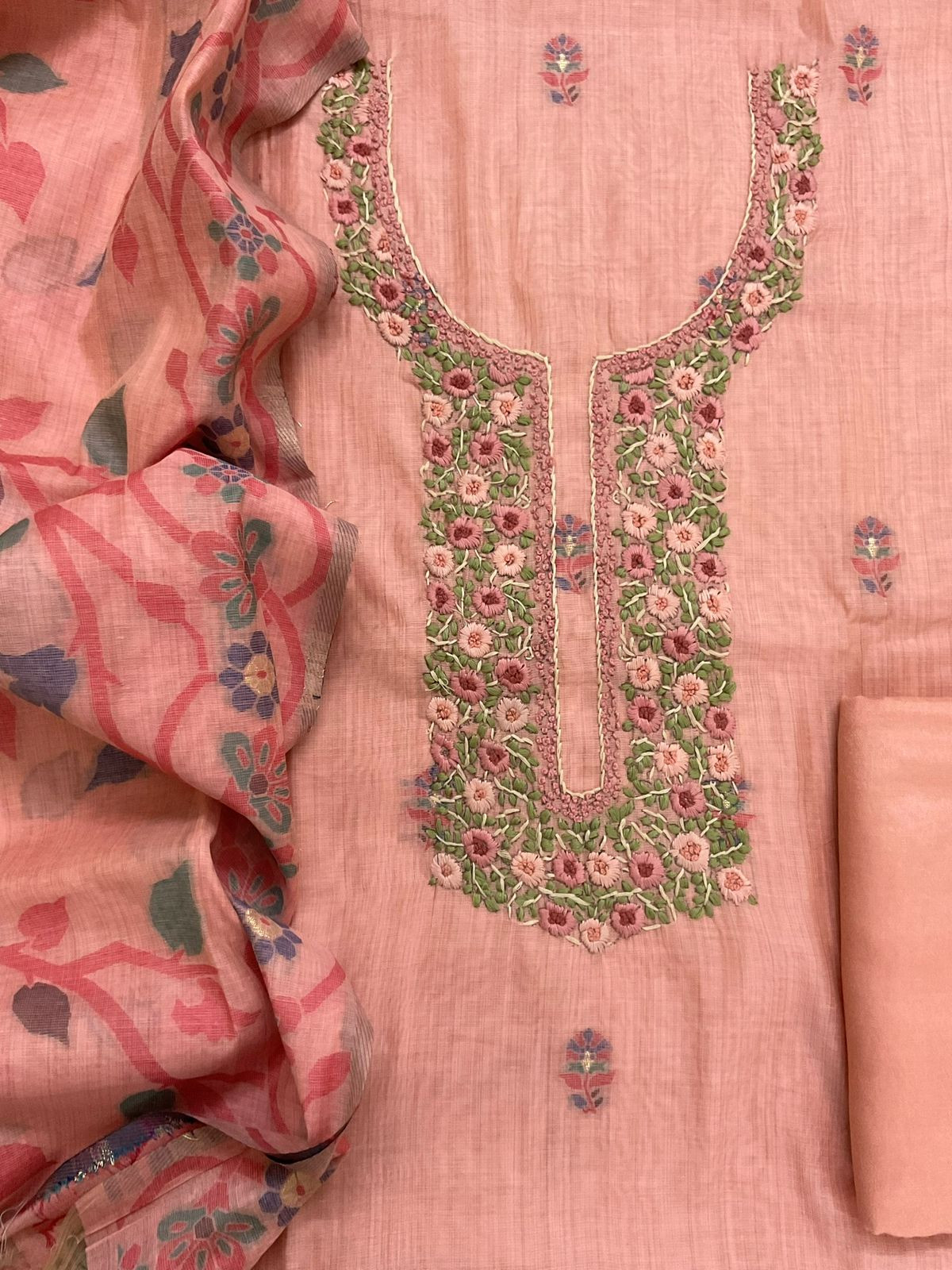 Soft Slub Chanderi Printed Jamdani Weaved Embroidered Suit - Peach