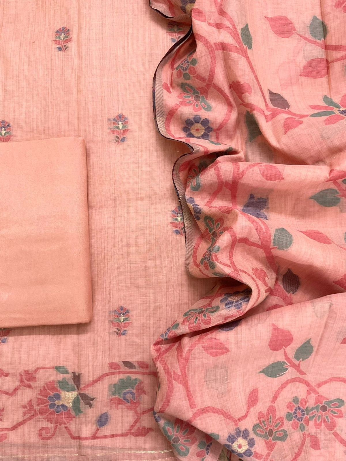 Soft Slub Chanderi Printed Jamdani Weaved Embroidered Suit - Peach