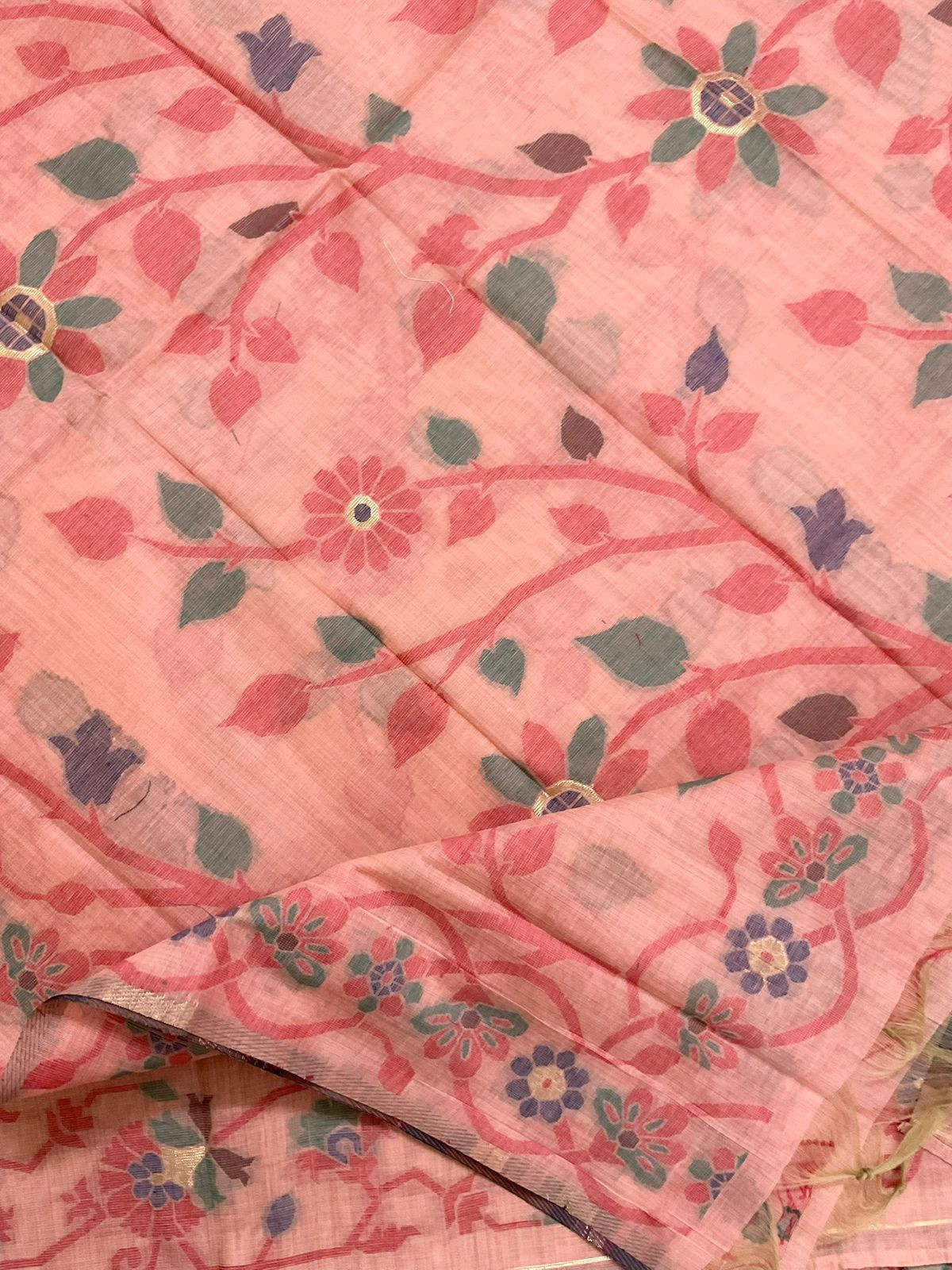 Soft Slub Chanderi Printed Jamdani Weaved Embroidered Suit - Peach