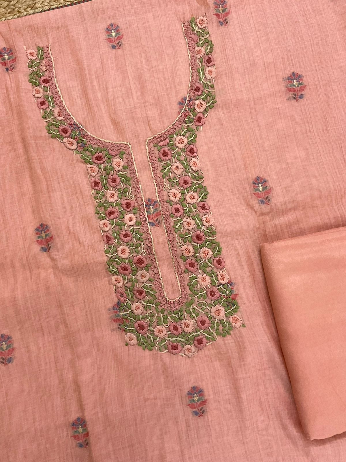 Soft Slub Chanderi Printed Jamdani Weaved Embroidered Suit - Peach