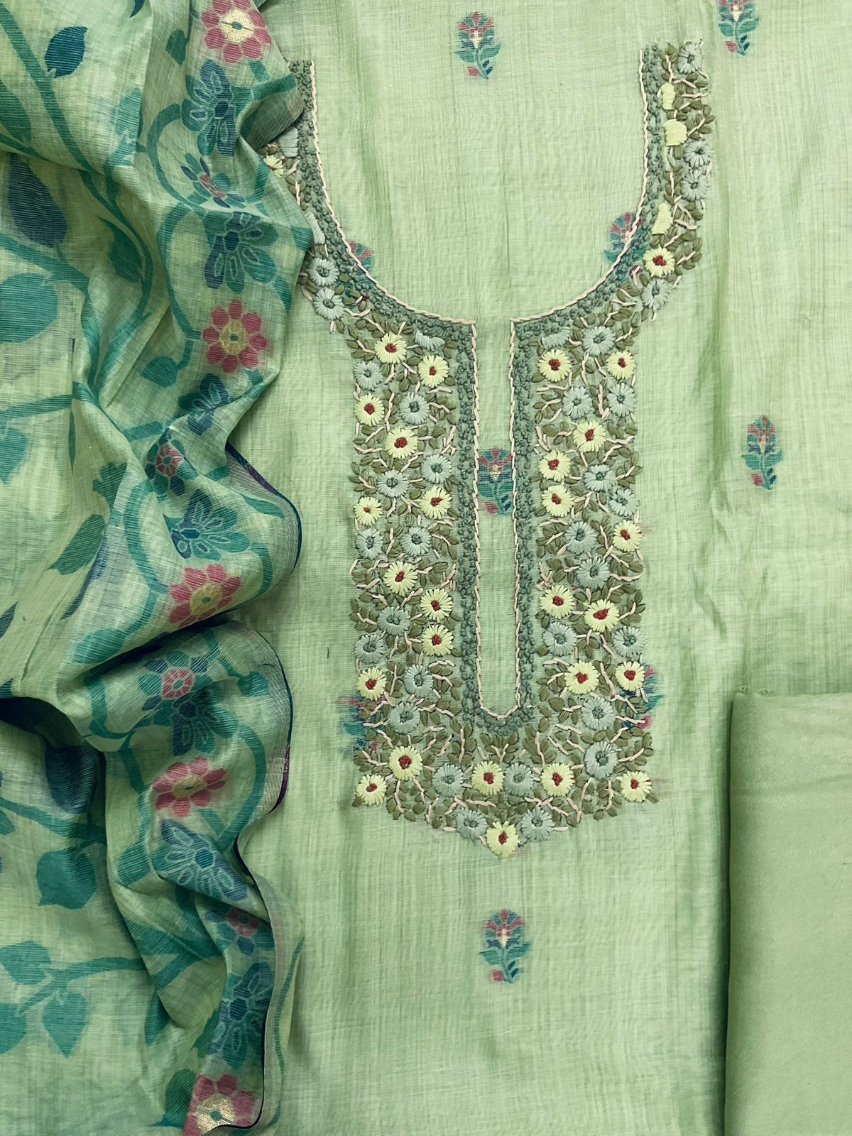 Soft Slub Chanderi Printed Jamdani Weaved Embroidered Suit - Green