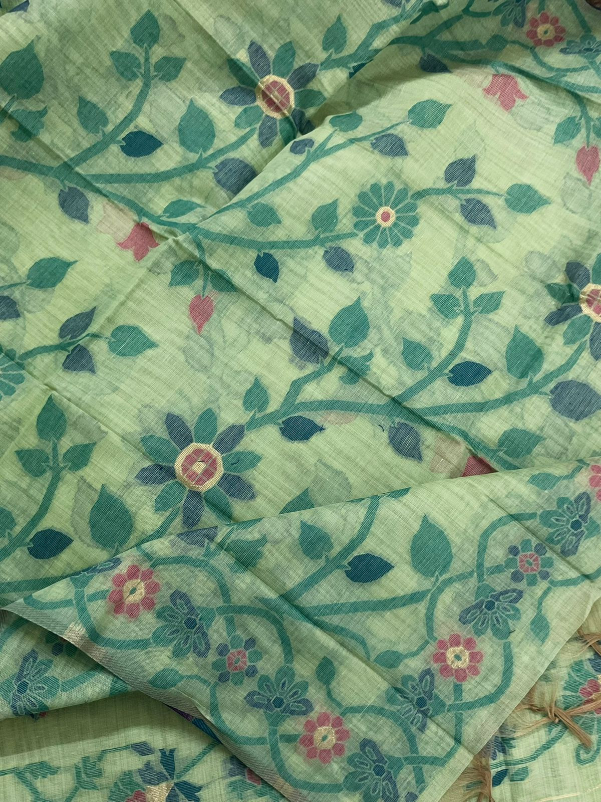 Soft Slub Chanderi Printed Jamdani Weaved Embroidered Suit - Green