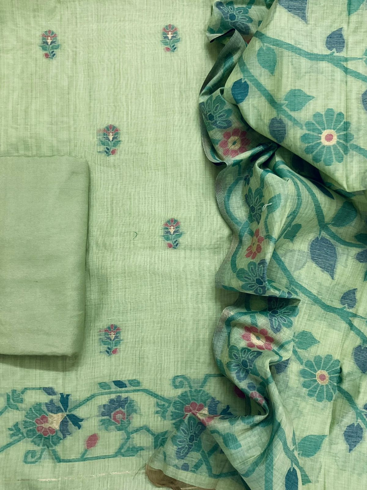 Soft Slub Chanderi Printed Jamdani Weaved Embroidered Suit - Green
