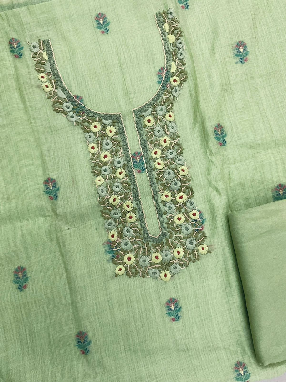 Soft Slub Chanderi Printed Jamdani Weaved Embroidered Suit - Green