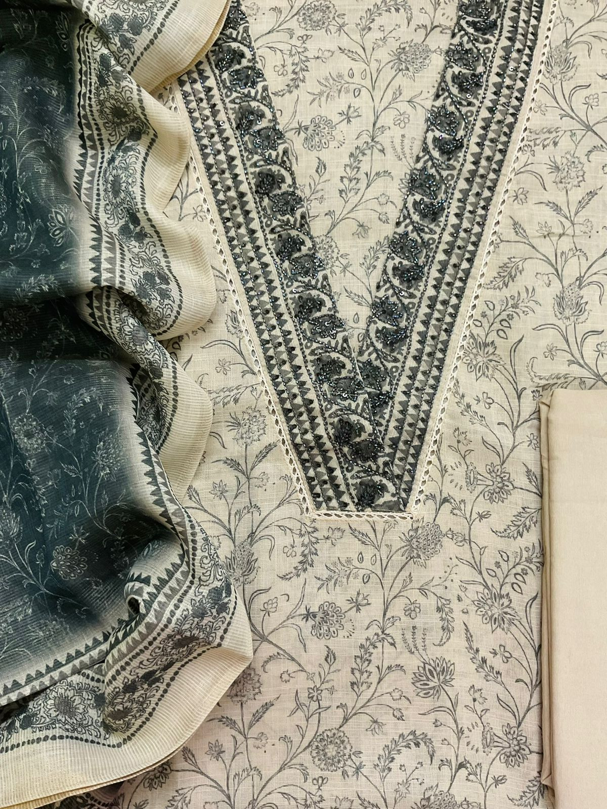 Soft Tissue Slub Cotton Printed Embroidered Suit - Beige