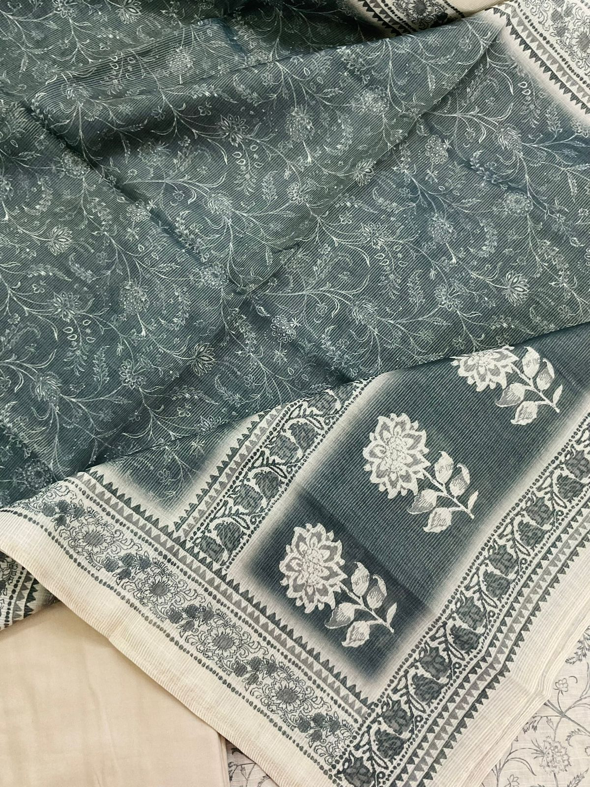 Soft Tissue Slub Cotton Printed Embroidered Suit - Beige