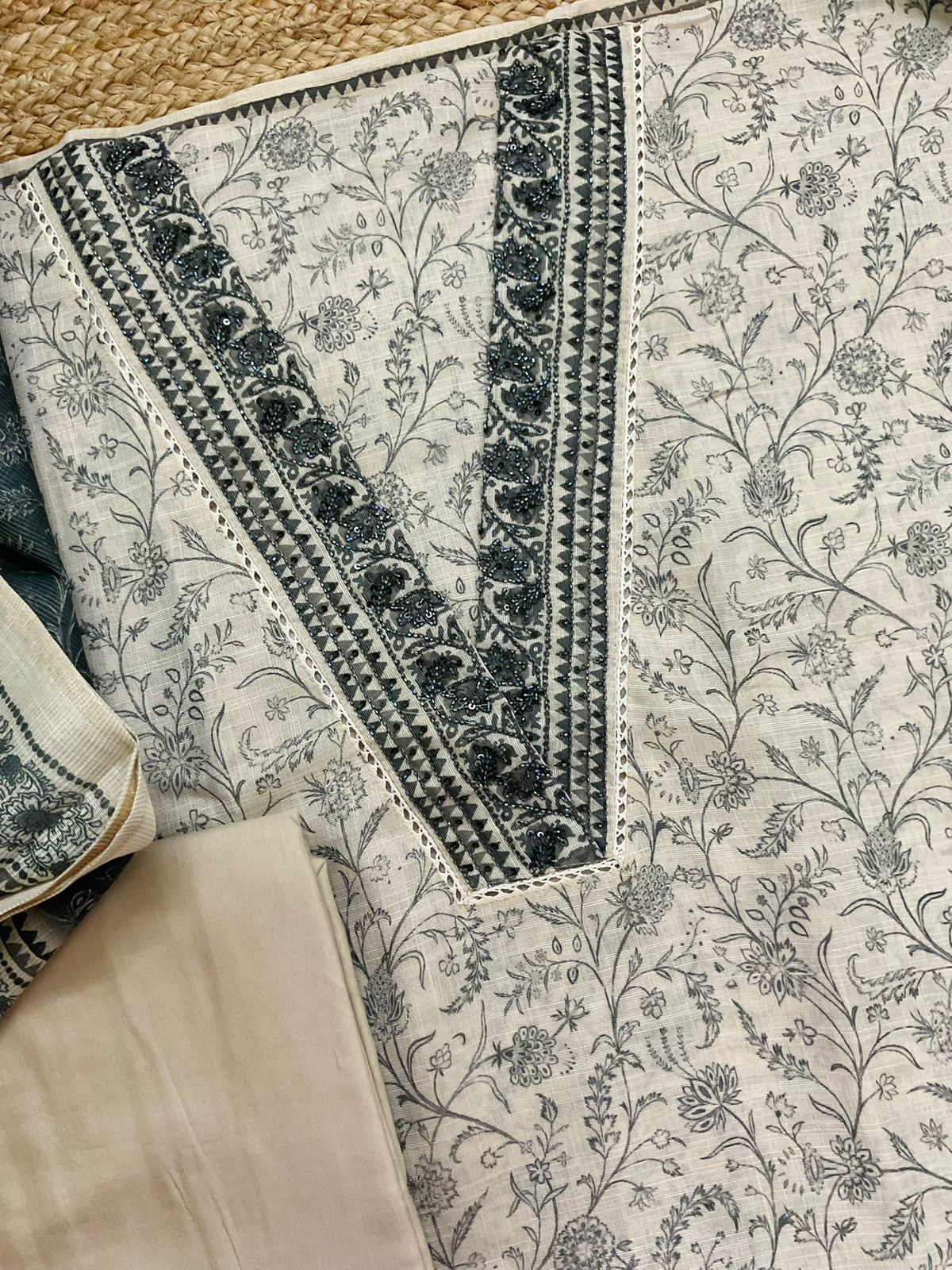 Soft Tissue Slub Cotton Printed Embroidered Suit - Beige