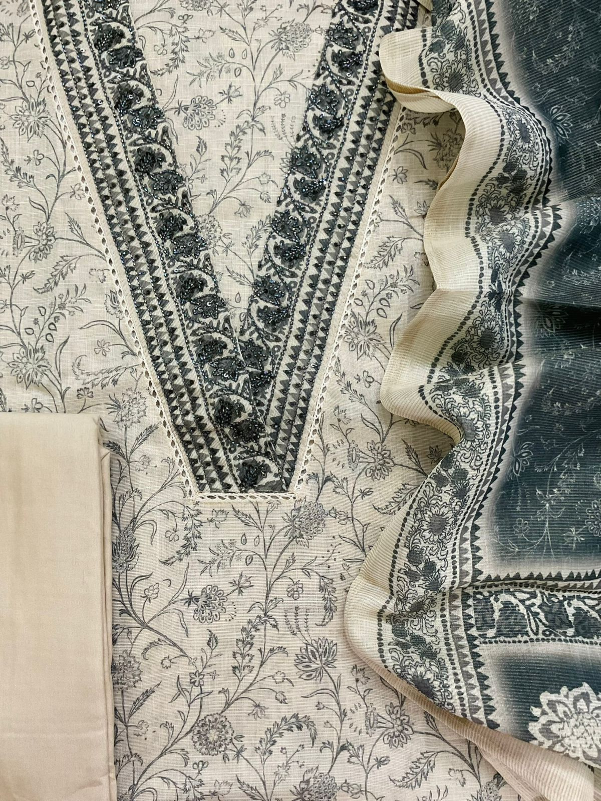 Soft Tissue Slub Cotton Printed Embroidered Suit - Beige