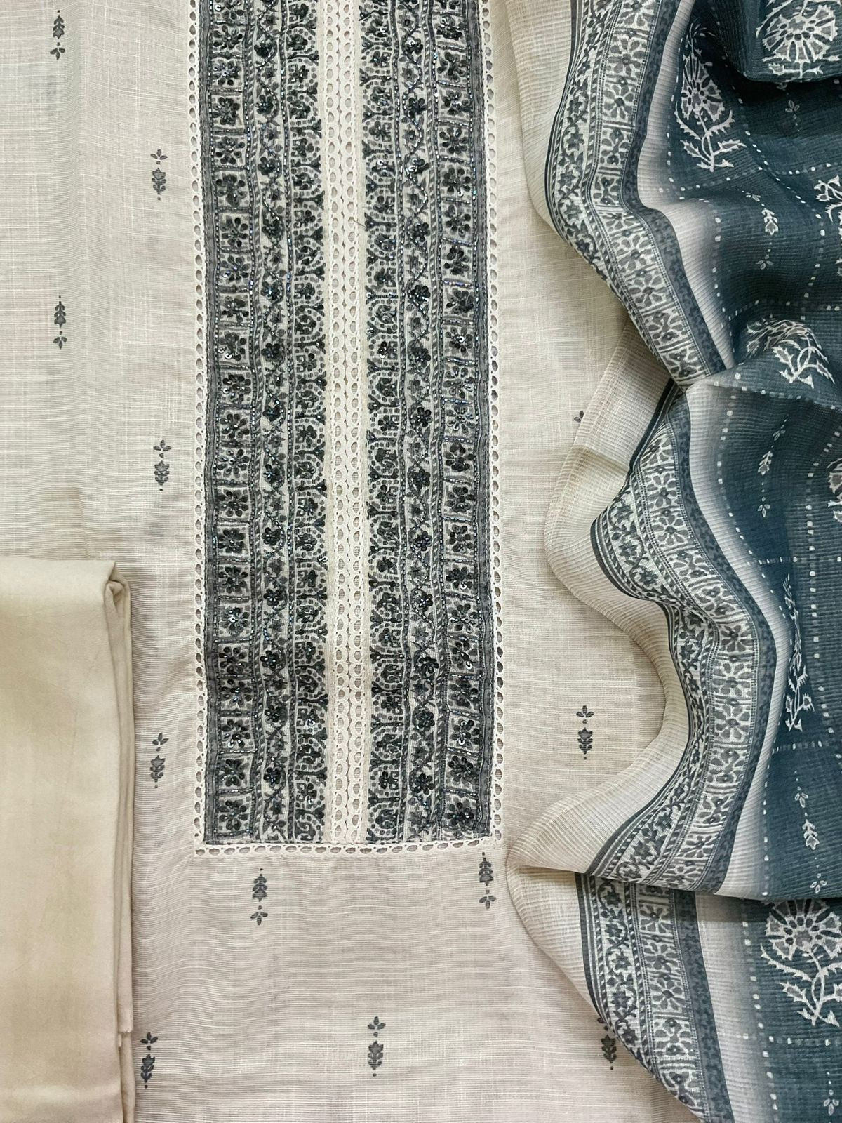 Soft Tissue Slub Cotton Printed Embroidered Suit - Beige