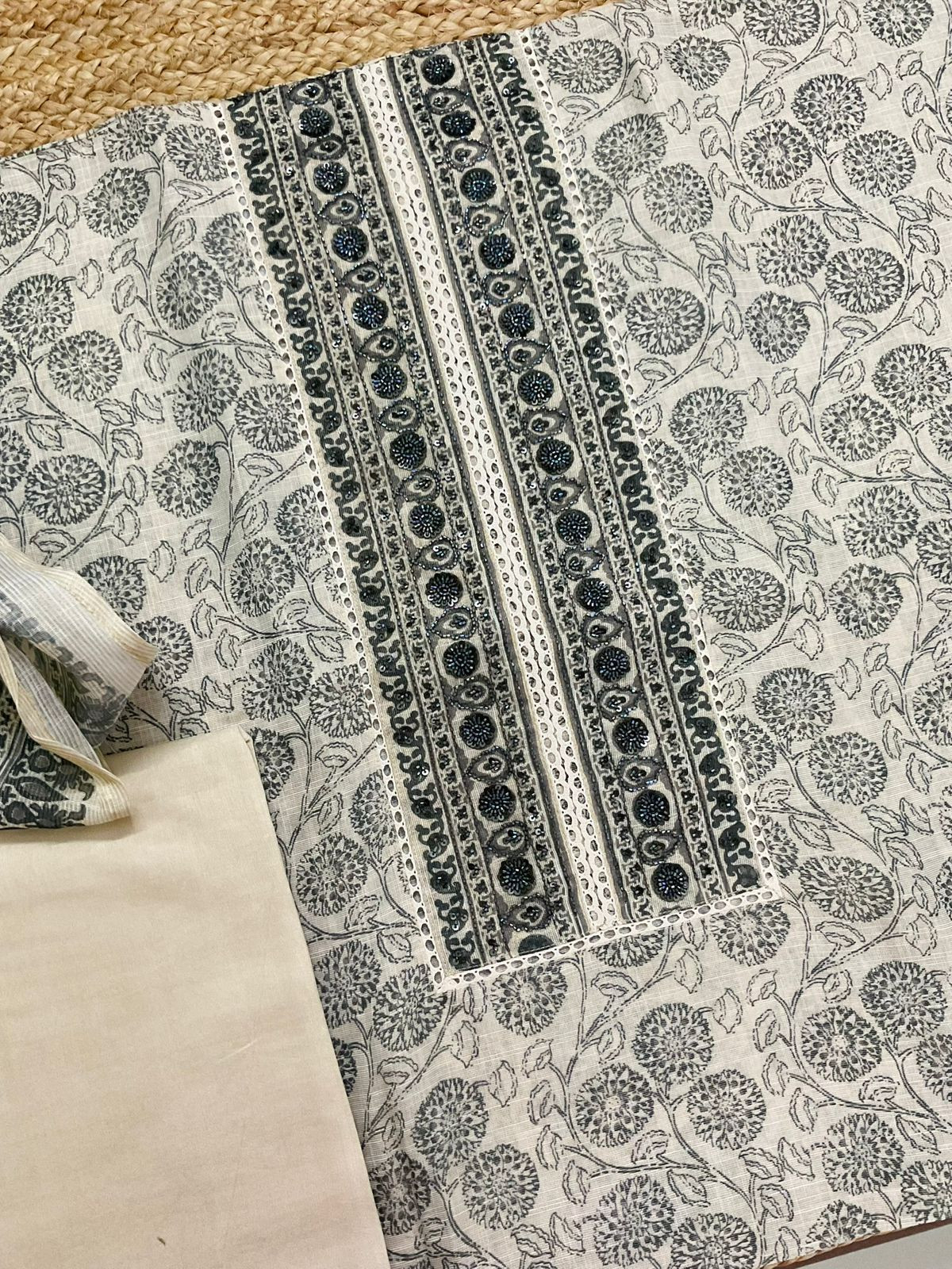 Soft Tissue Slub Cotton Printed Embroidered Suit - Beige