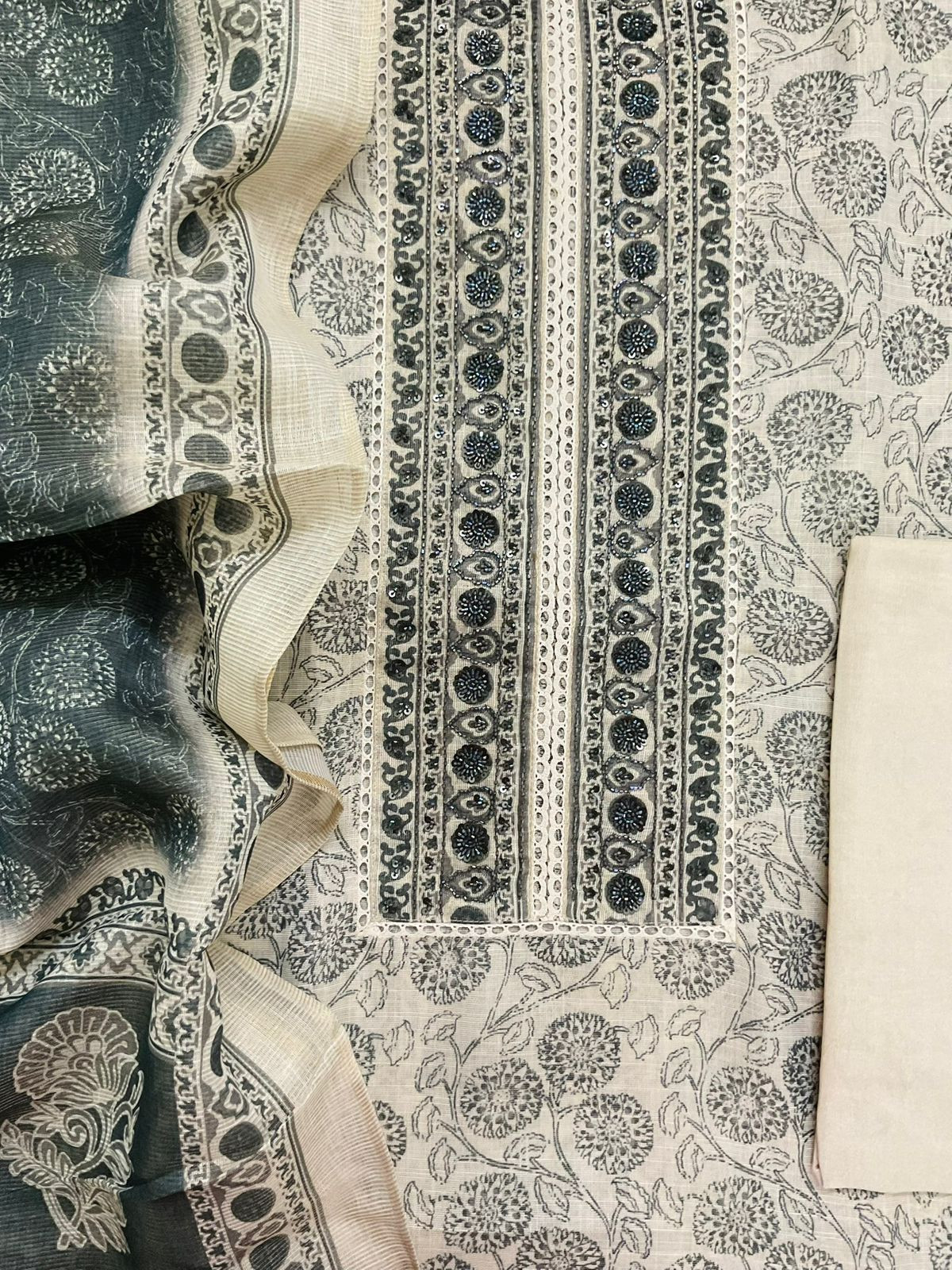 Soft Tissue Slub Cotton Printed Embroidered Suit - Beige