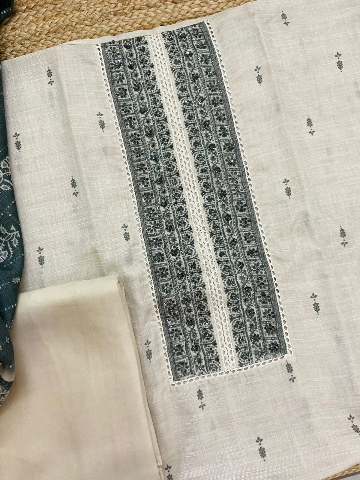 Soft Tissue Slub Cotton Printed Embroidered Suit - Beige
