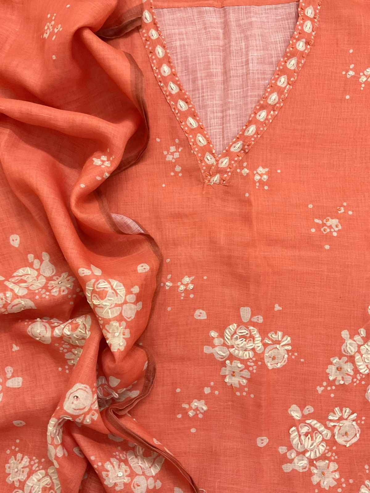Soft Linen Jute Cotton Printed Embroidered Suit - Orange