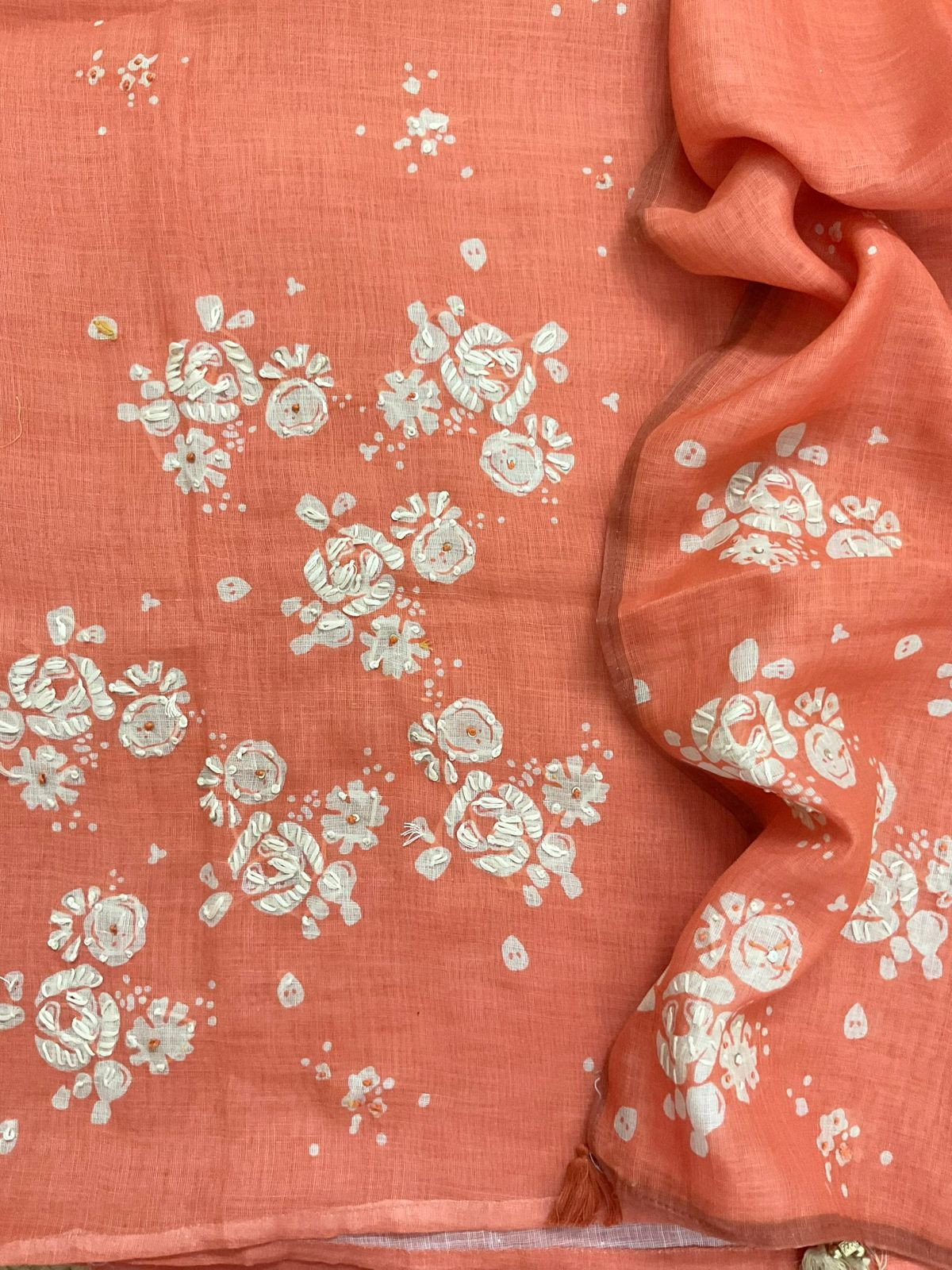 Soft Linen Jute Cotton Printed Embroidered Suit - Orange