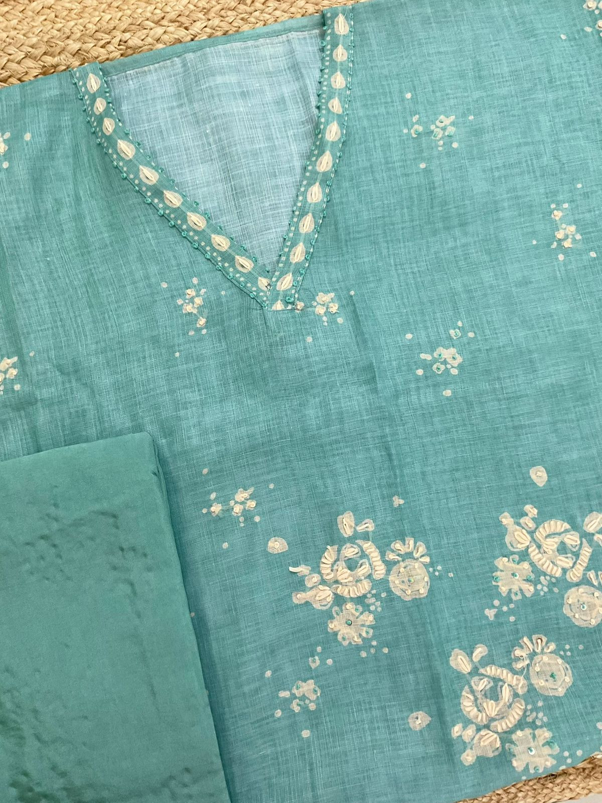 Soft Linen Jute Cotton Printed Embroidered Suit - Blue