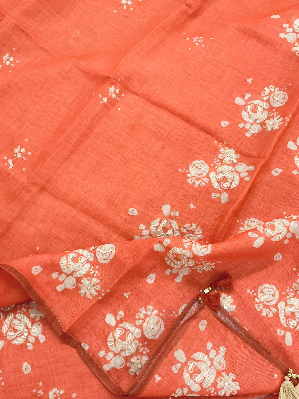 Soft Linen Jute Cotton Printed Embroidered Suit - Orange