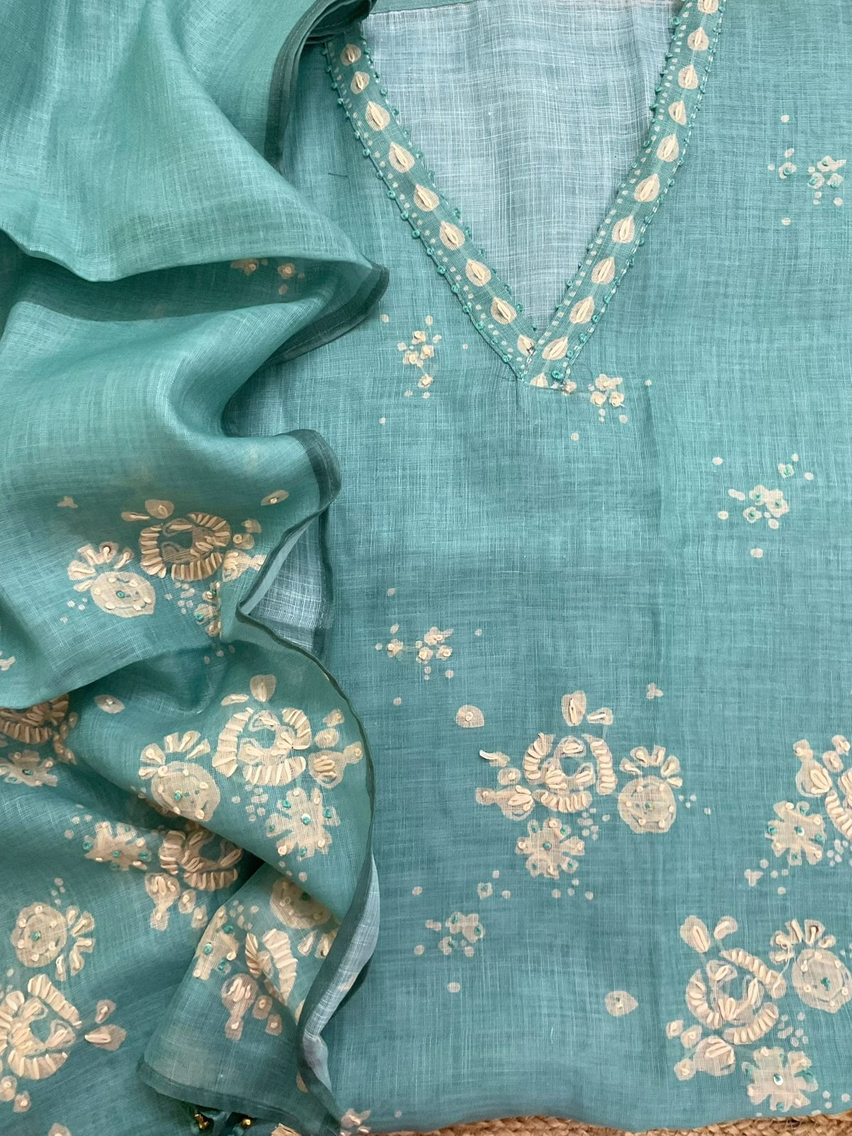 Soft Linen Jute Cotton Printed Embroidered Suit - Blue