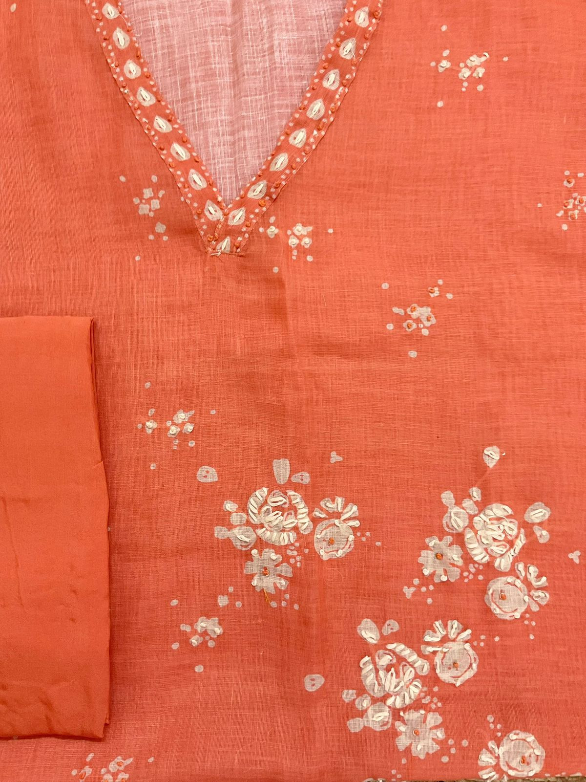 Soft Linen Jute Cotton Printed Embroidered Suit - Orange