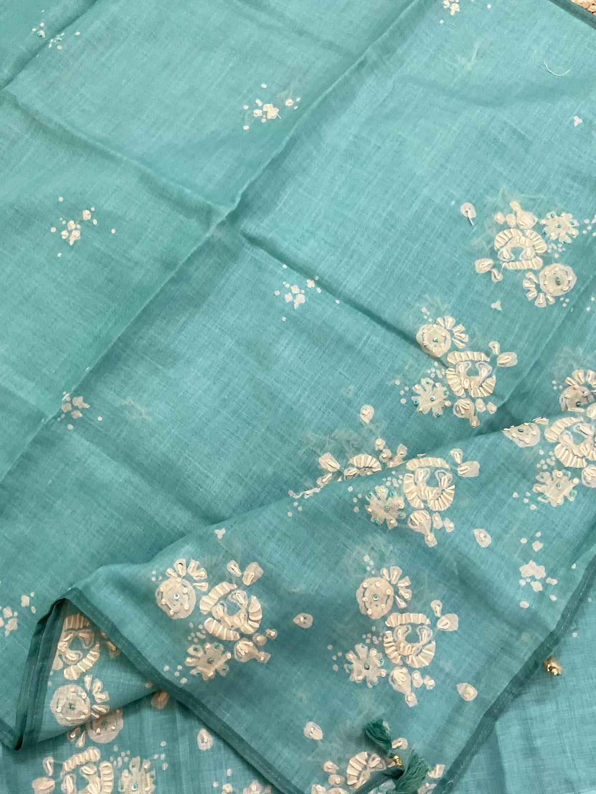 Soft Linen Jute Cotton Printed Embroidered Suit - Blue