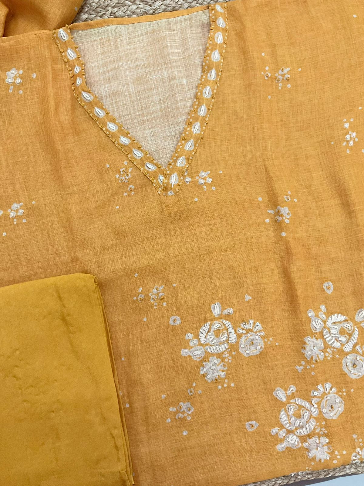 Soft Linen Jute Cotton Printed Embroidered Suit - Mango Yellow